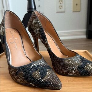 Jessica Simpson Black and Gold Studded Heels